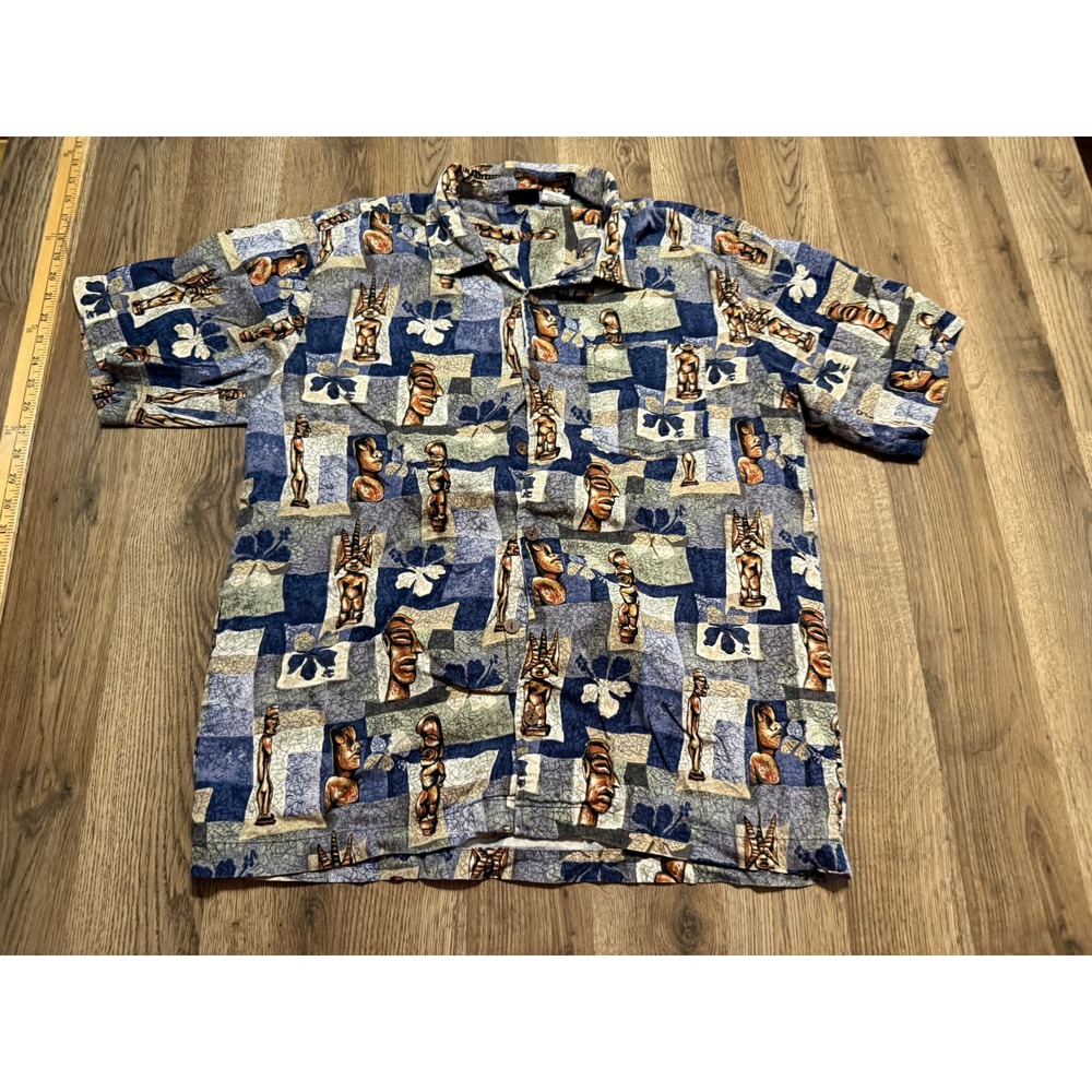 Billabong Shirt Mens Size Large Blue Button Up Tiki Totem Hibiscus Print Casual